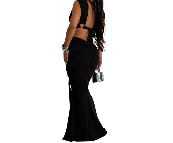 Women Sexy Sleeveless Mesh Lace Up Open Back Maxi Dress