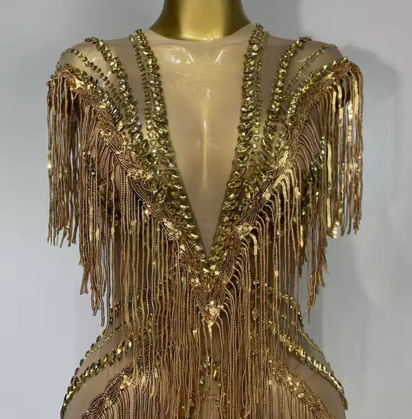 Women Sexy Sleeveless Gold Rhinestone Tassel Maxi Dress