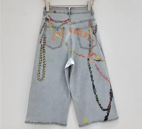 Women Fashion Printed Denim Capri Pants