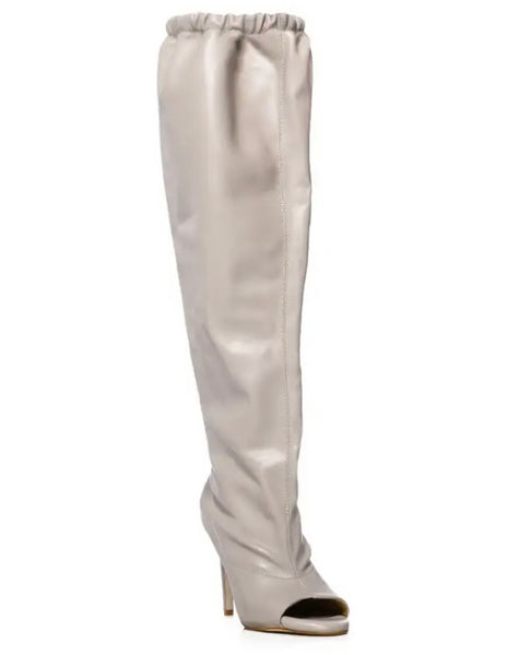 Women Fashion Open Toe Ruched Faux Leather Knee High Boots