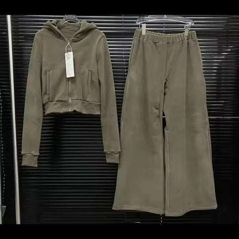 Women Color Zip Up Hooded Two Piece Wide Leg Tracksuit Pant Set