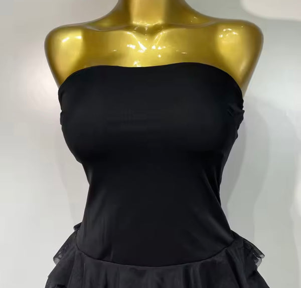 Women Black Strapless Sexy Ruffled Mesh Maxi Dress