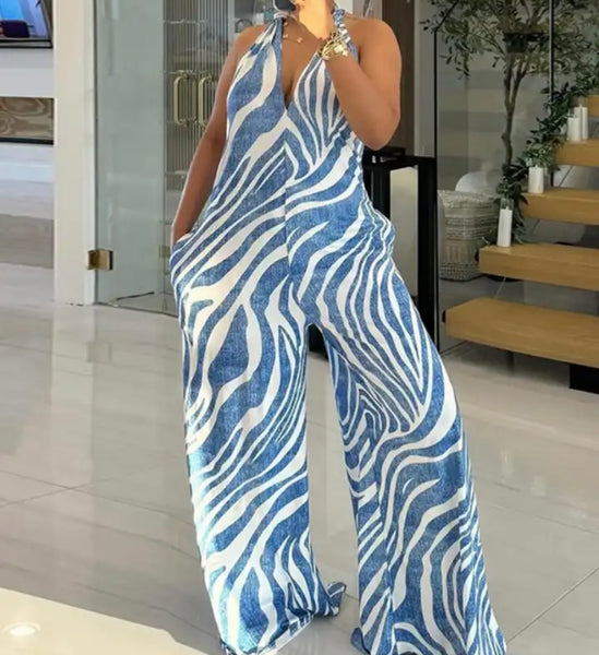 Women Halter Sleeveless Striped Wide Leg Fashion Jumpsuit