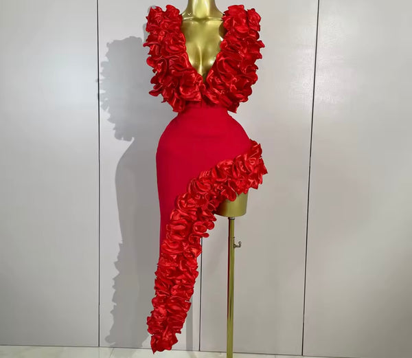 Women Sexy Ruffle Sleeveless Bodysuit Two Piece Asymmetrical Skirt Set
