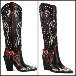 Women Fashion Animal Print Rivet Buckled Knee High Western Boots