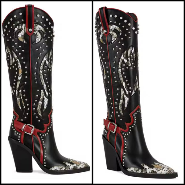 Women Fashion Animal Print Rivet Buckled Knee High Western Boots
