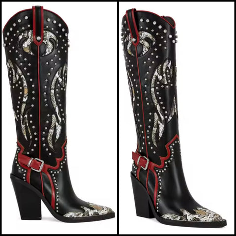 Women Fashion Animal Print Rivet Buckled Knee High Western Boots