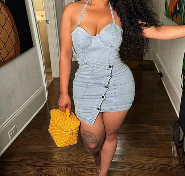 Women Sexy Halter Sleeveless Button Denim Dress