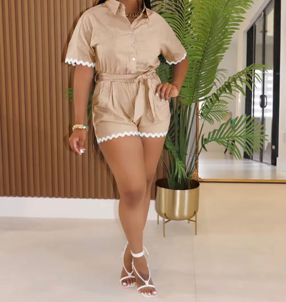 Women Button Up Short Sleeve Color Patchwork Belted Romper