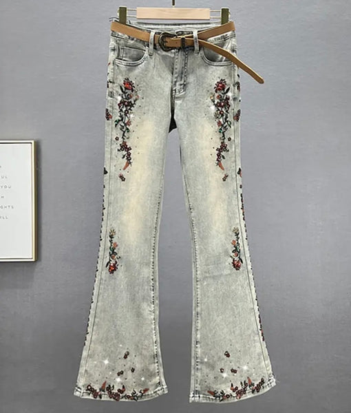 Women Fashion Embroidery Gem Print Denim Pants