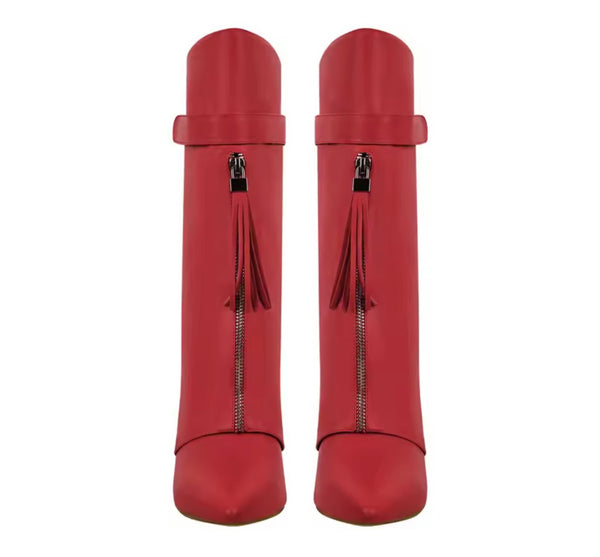 Women Fashion Pointed Toe Front Zipper Wedge Knee High Boots
