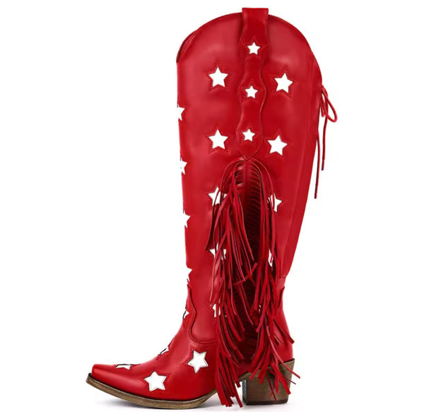 Women Fashion Star Fringe Tassel Knee High Western Boots