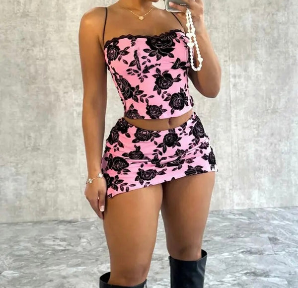 Women Sexy Sleeveless Floral Print Two Piece Skirt Set