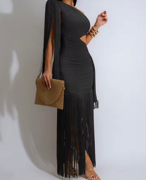 Women Sexy One Shoulder Cut Out Fringe Tassel Maxi Dress