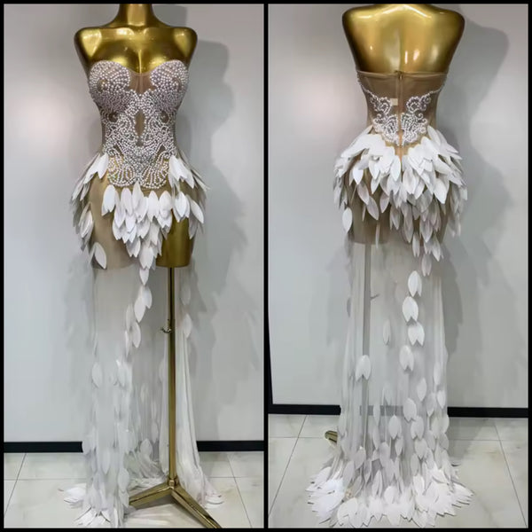 Women Sexy Strapless Beaded Feather Side Split Mesh Maxi Dress