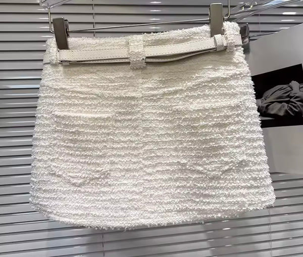 Women Sexy Fashion Belted Tweed Short Skirt