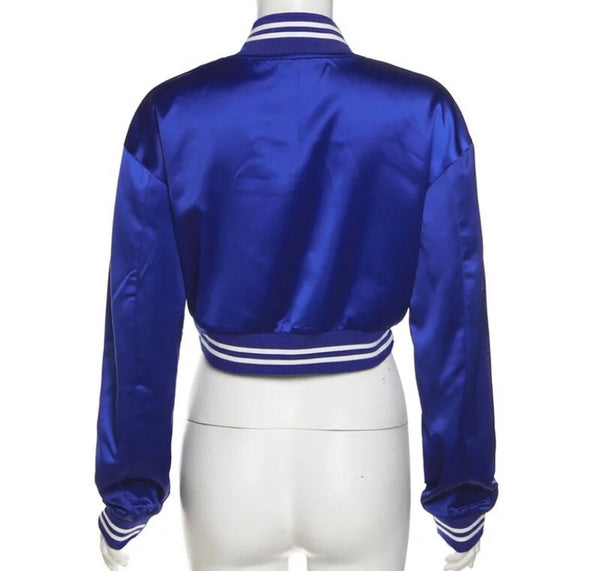 Women Fashion Letter Print Satin Varsity Crop Jacket