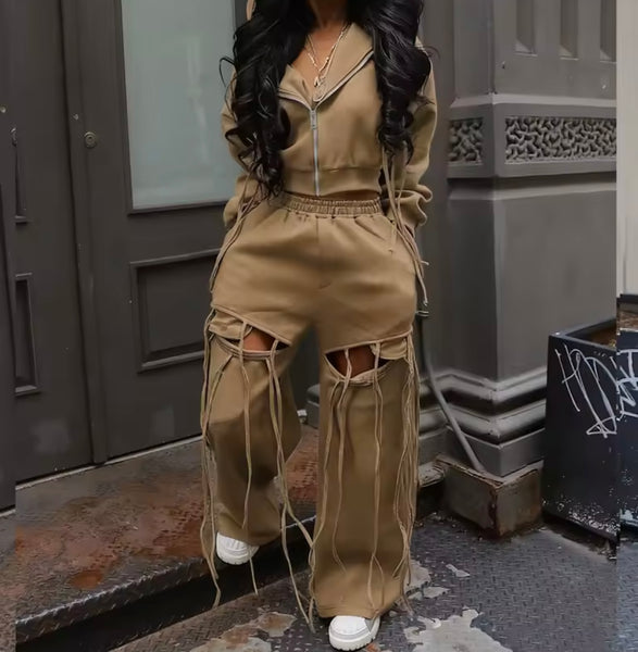 Women Hooded Zip Up Cut Out Tassel Tracksuit Two Piece Pant Set