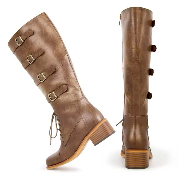 Women Fashion Brown Buckled Ankle/Knee High Boots