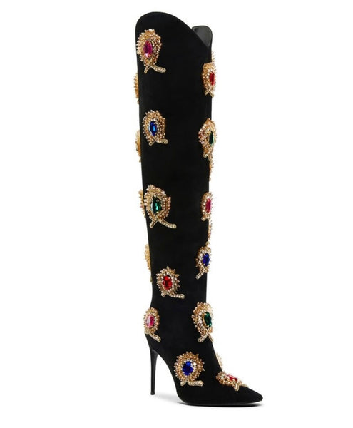 Women Fashion Suede Colorful Gem Knee High Boots