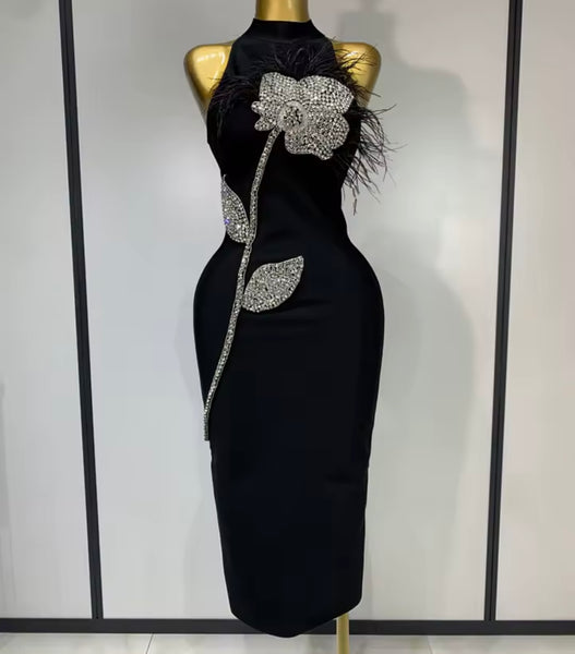 Women Black Rhinestone Flower Sleeveless Sexy Dress