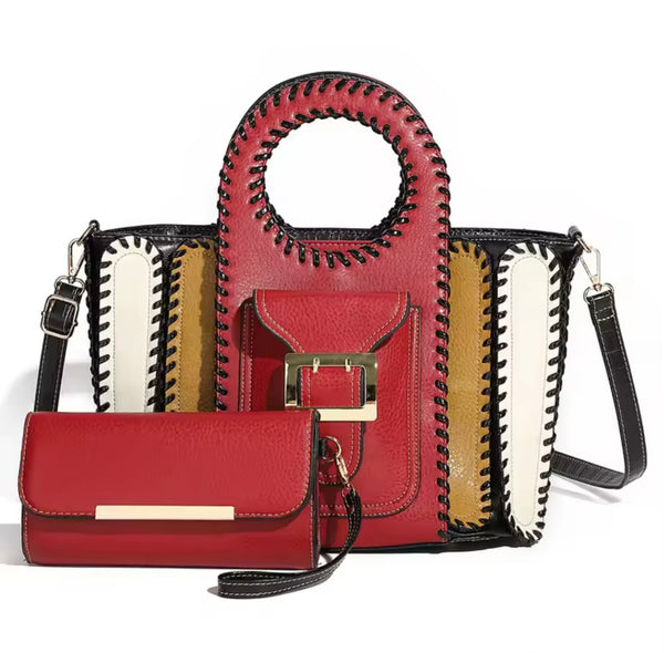 Women Fashion Color Patchwork Buckled Wallet Purse Set