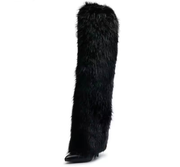 Women Fashion Black Faux Fur Over The Knee Boots