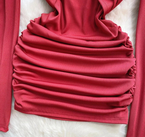 Women Sexy Red Ribbed Halter Full Sleeve Dress