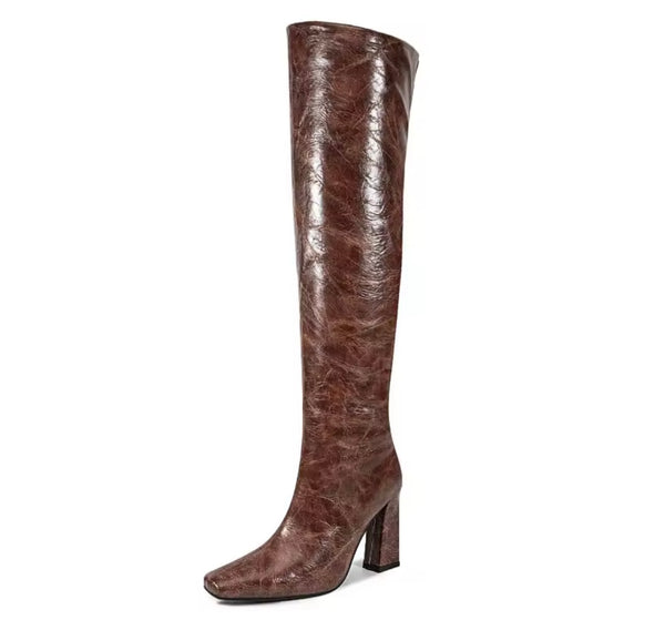 Women Color Faux Leather Square Toe Fashion Knee High Boots