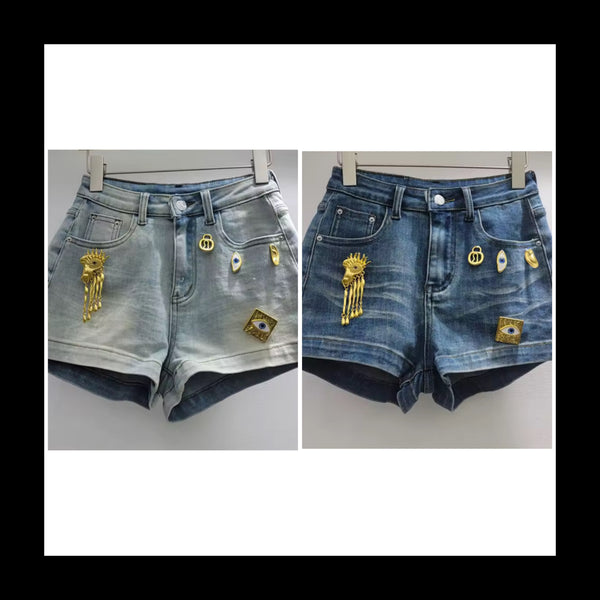 Women Blue Fashion Gold Metal Denim Shorts