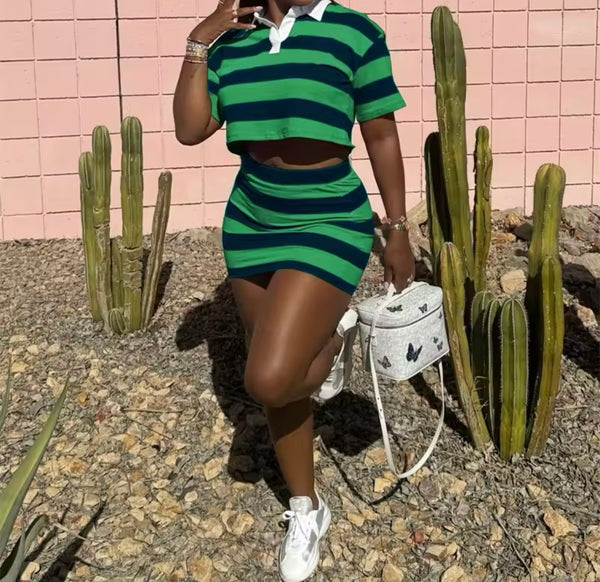 Women Collar Short Sleeve Striped Fashion Two Piece Skirt Set