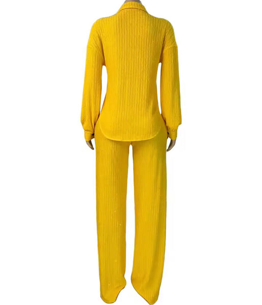 Women Button Up Full Sleeve Ribbed Two Piece Pant Set
