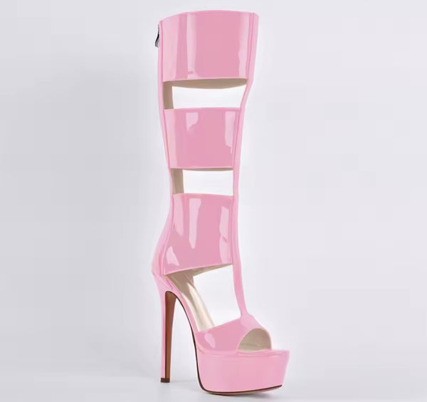 Women Fashion Color Open Toe Patent Leather Platform Knee High Sandals
