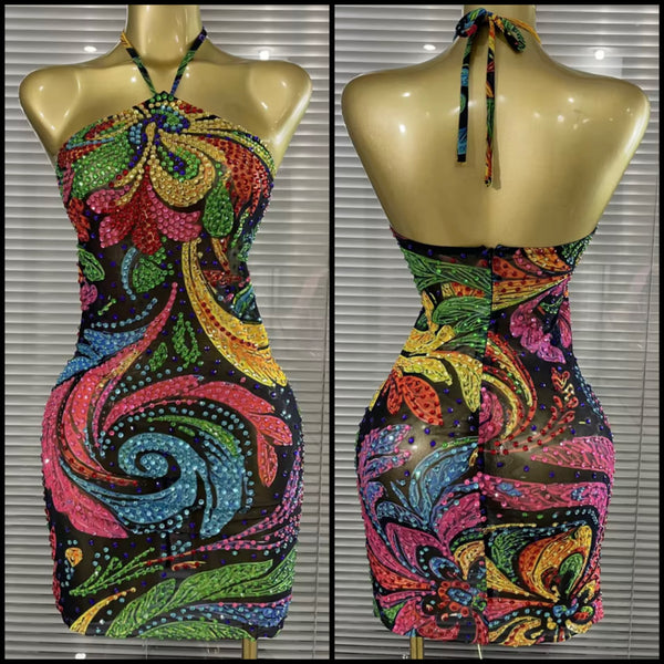 Women Sexy Multicolored Halter Sleeveless Rhinestone Dress