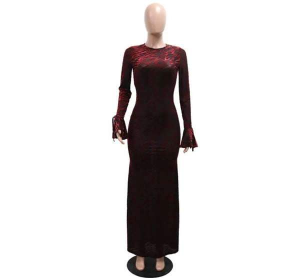 Women Sexy Mesh Patchwork Full Sleeve Open Back Velour Maxi Dress