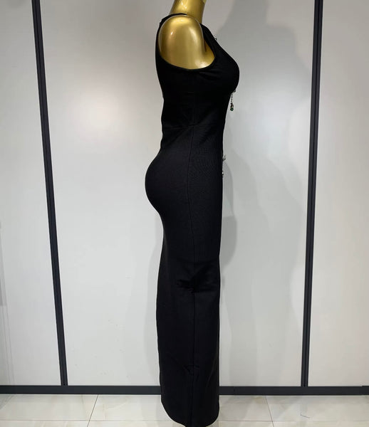 Women Sexy Sleeveless Crystal Rhinestone Cut Out Black Maxi Dress