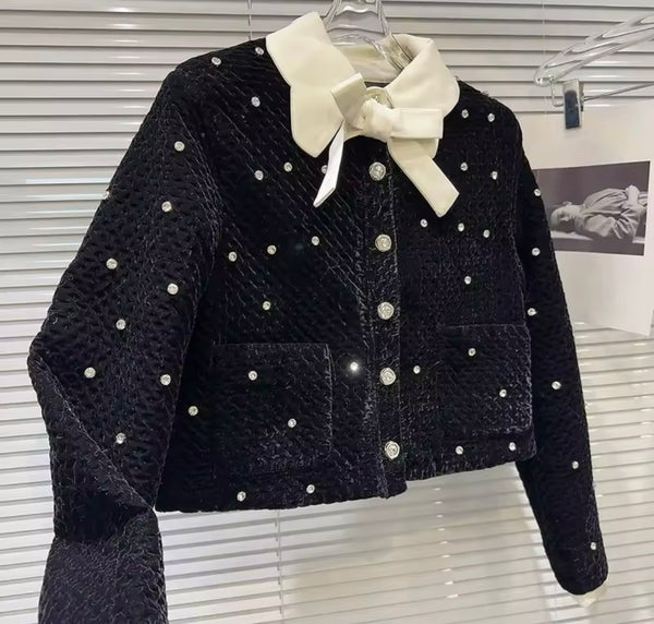 Women Fashion B&W Rhinestone Button Up Bow Velour Jacket