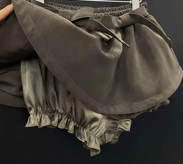 Women Collar Button Up Ruffled Jacket Two Piece Skirt Set