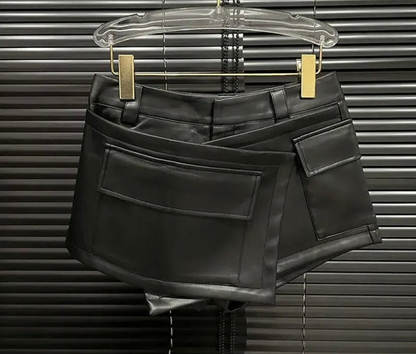 Women Black Fashion Faux Leather Wrap Shorts