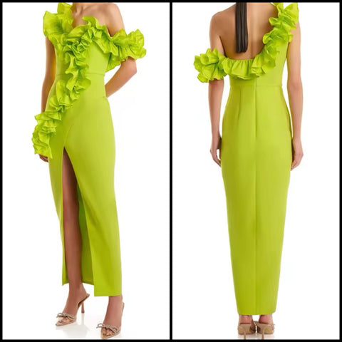Women Green Ruffled Front Split Maxi Dress