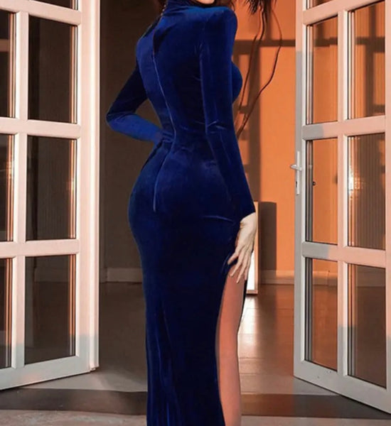 Women Sexy Blue Full Sleeve Mesh Patchwork Velour Maxi Dress