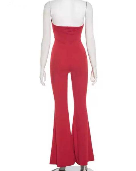 Women Red Sexy Strapless Cut Out Jumpsuit