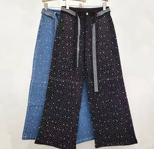 Women Fashion Bling Patchwork Wide Leg Denim Pants