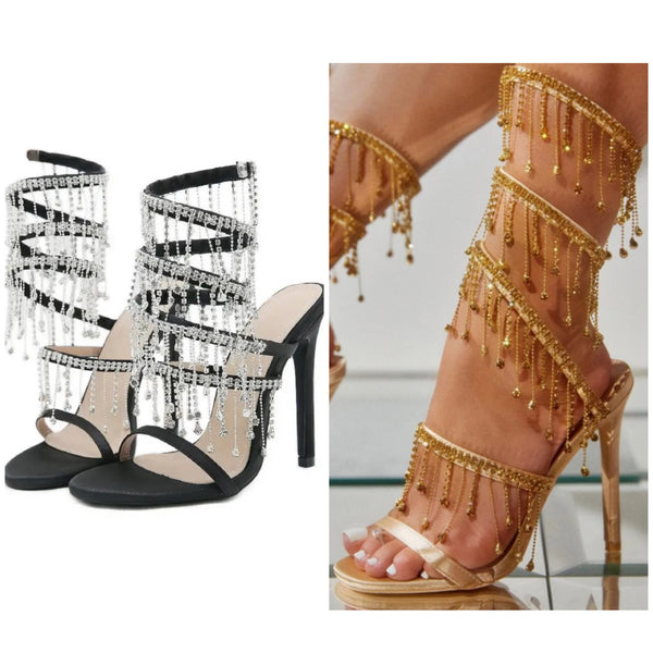 Women Fashion Open Toe Bling Tassel High Heel Sandals