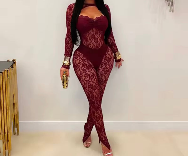 Women Sexy Cut Out Full Sleeve Lace Jumpsuit