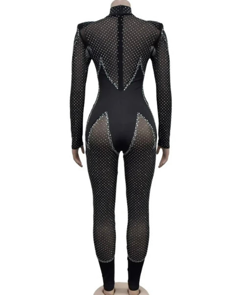 Women Sexy Black Bling Mesh Patchwork Full Sleeve Jumpsuit