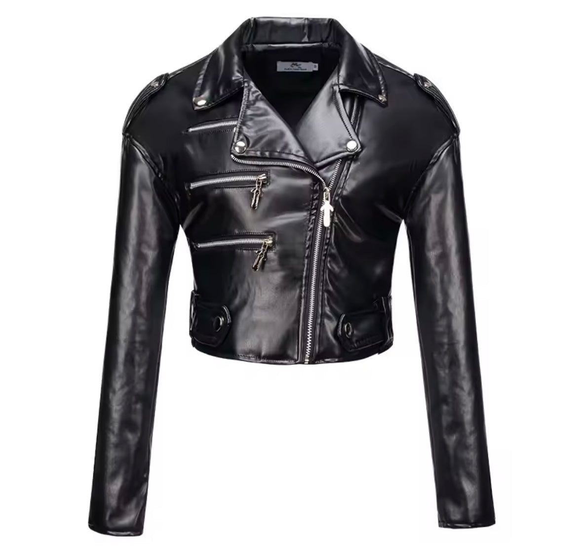 Women Color Zipper Fashion Faux Leather Crop Jacket