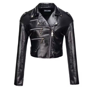 Women Color Zipper Fashion Faux Leather Crop Jacket