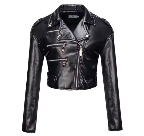 Women Color Zipper Fashion Faux Leather Crop Jacket