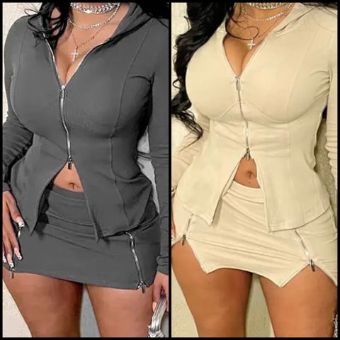 Women Sexy Hooded Full Sleeve Zipper Two Piece Skirt Set